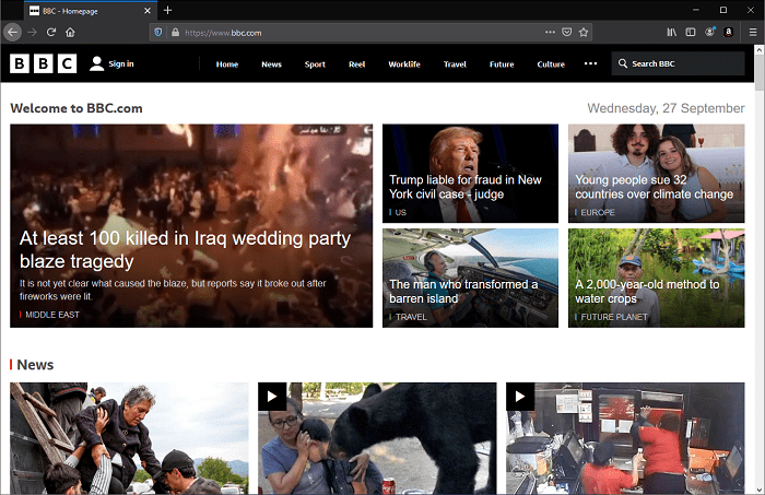 bbc.co.uk 的主页,显示了很多新闻内容和导航菜单功能