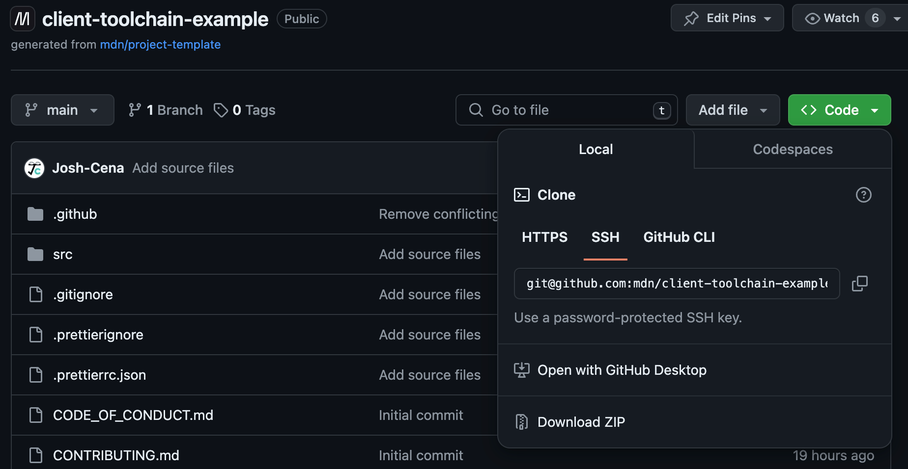 GitHub の例のリポジトリー