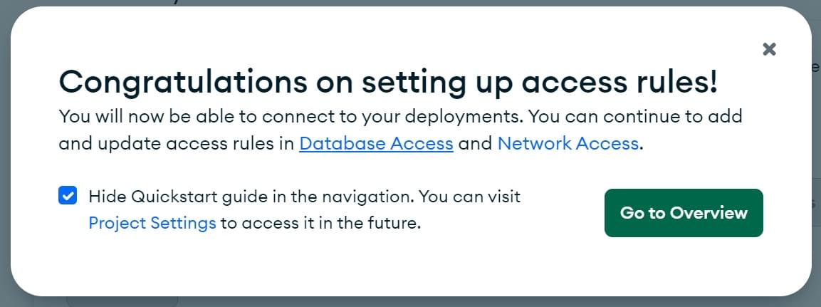 Gehen Sie zu den Datenbanken nach dem Einrichten der Zugriffsregeln auf MongoDB Atlas.