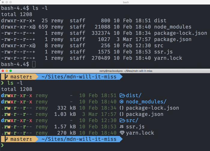 Un terminal macOS classique et un terminal macOS personnalisé, affichant une liste de fichiers - résultat de la commande ls -l