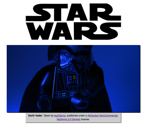 Die Worte Star Wars gefolgt von einem Bild einer Lego-Version der Darth Vader-Figur