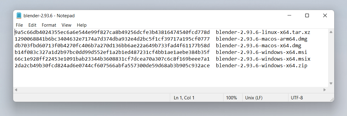 Beispiele für SHA256 aus dem Download der Software "Blender". Diese sehen aus wie 64 hexadezimale Ziffern, gefolgt von einem Dateinamen wie "blender.zip"