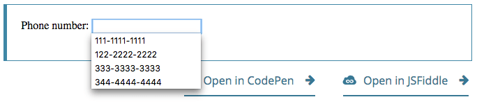 Ein Fokus hat ein Eingabefeld mit einem blauen Fokusrahmen. Die Eingabe hat ein Dropdown-Menü, das vier Telefonnummern zeigt, die der Benutzer auswählen kann.