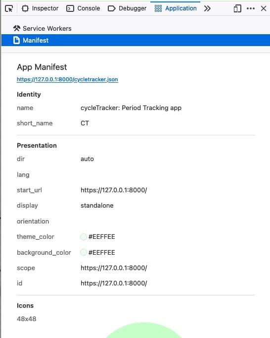 Das Manifest-Panel in den Firefox-Entwicklertools, das Werte für die nicht enthaltenen dir, scope und id Mitglieder anzeigt, sowie die lang- und orientation-Mitglieder ohne zugehörige Werte.